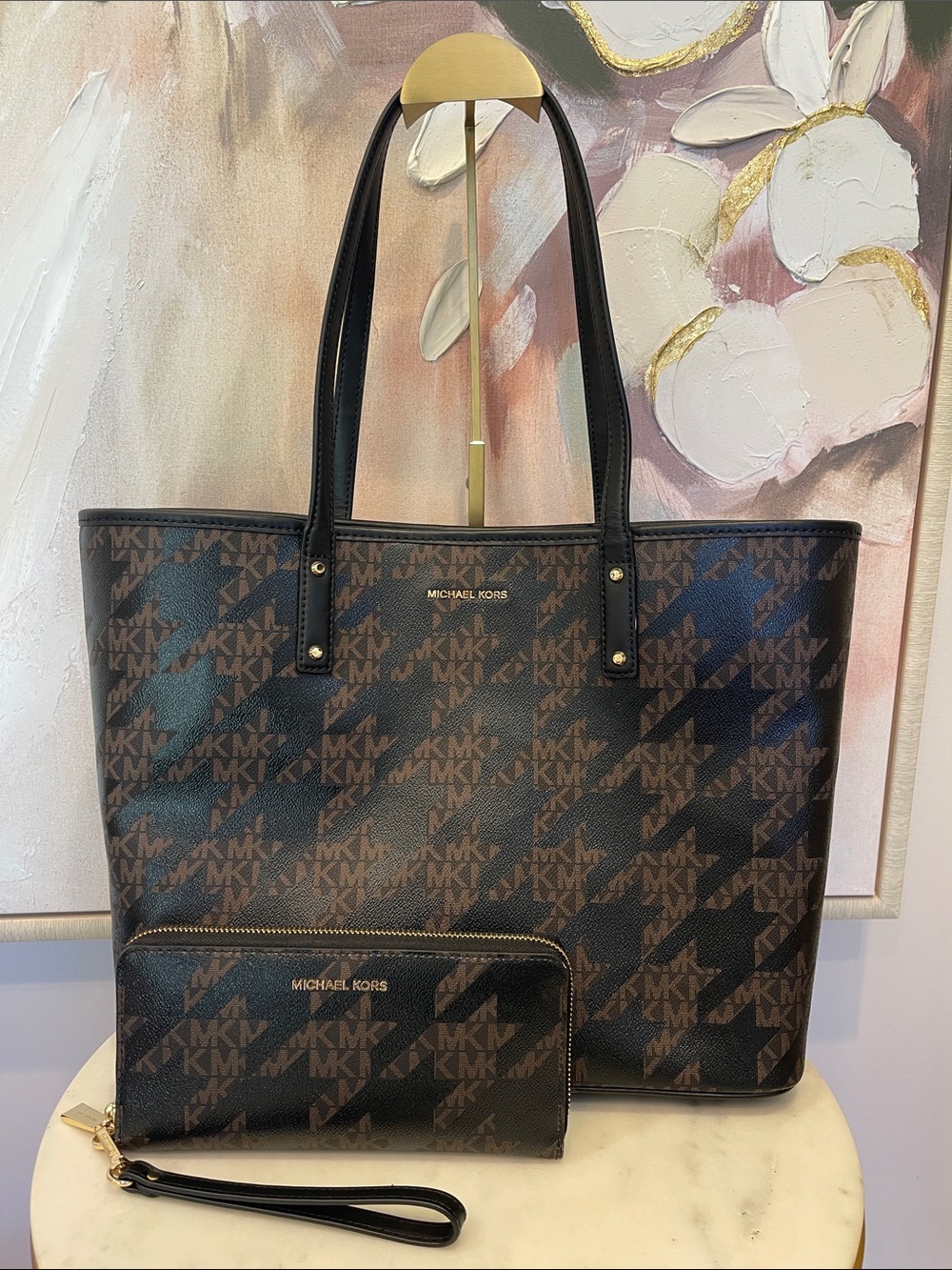 Michael Kors Houndstooth MK Tote with Matching Wallet (2-piece set)